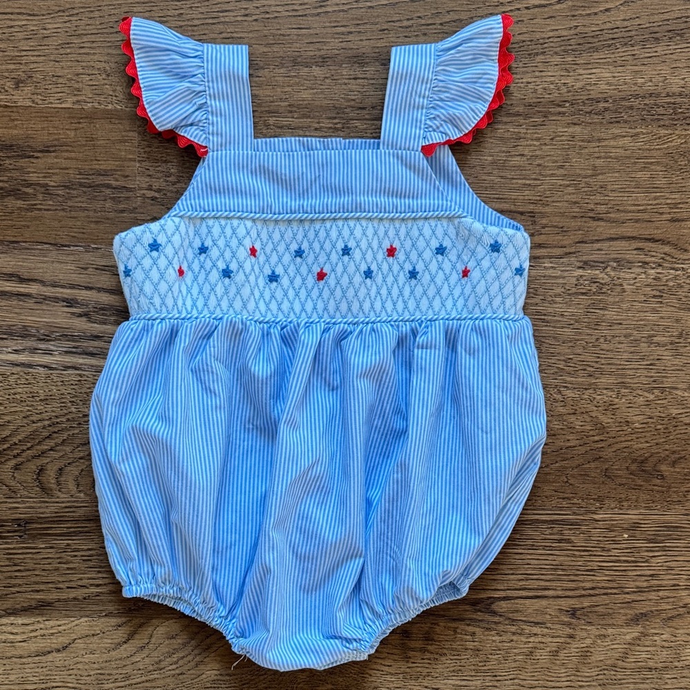 Stitchy Fish Stars and Stripes Smocked Embroidered Bubble Romper
